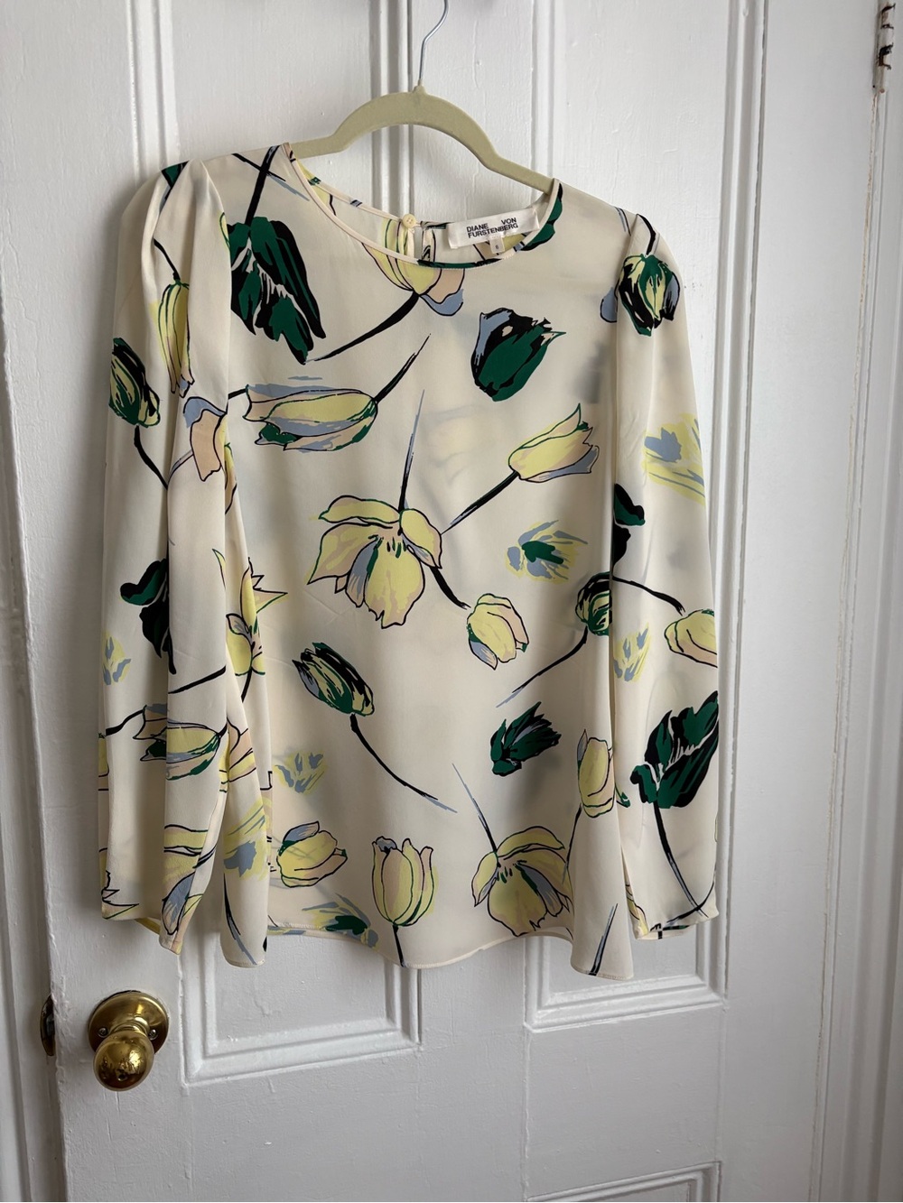 Diane Von Furstenberg Cream Floral Long-Sleeve Silk Blouse